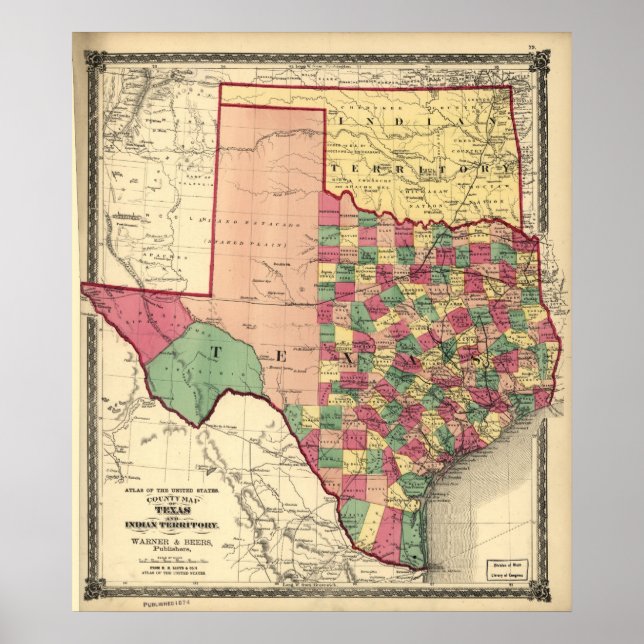 Póster 1875 Map of Texas & Indian Territory (Oklahoma) (Frente)