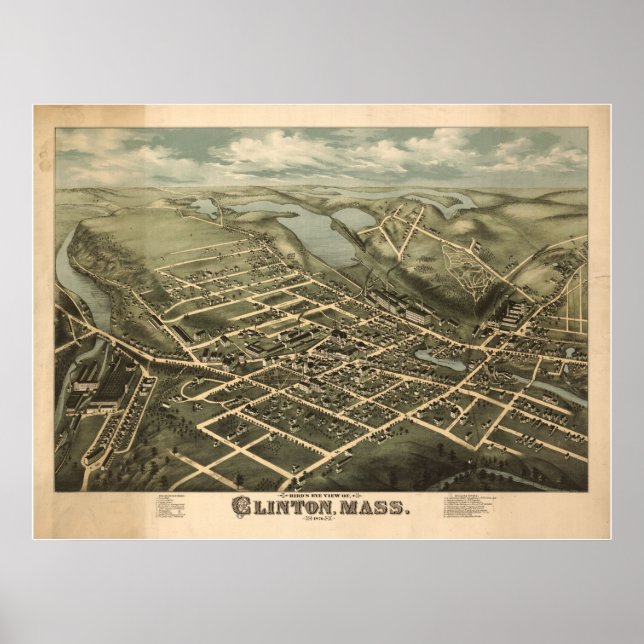 Póster 1876 Clinton, MAMÁES Birds Eye View Panoramic Map (Frente)