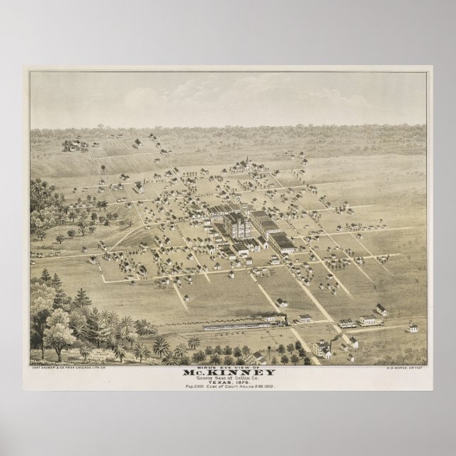 Póster 1876 Mapa Panorámico de McKinney, TX Bird's Eye Vi (Frente)