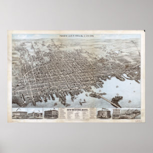 Póster 1876 New Bedford, mapa panorámico de la opinión de