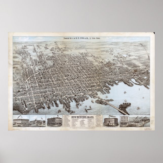 Póster 1876 Nuevo Bedford, MAMÁES Birds Eye View Panorami (Frente)