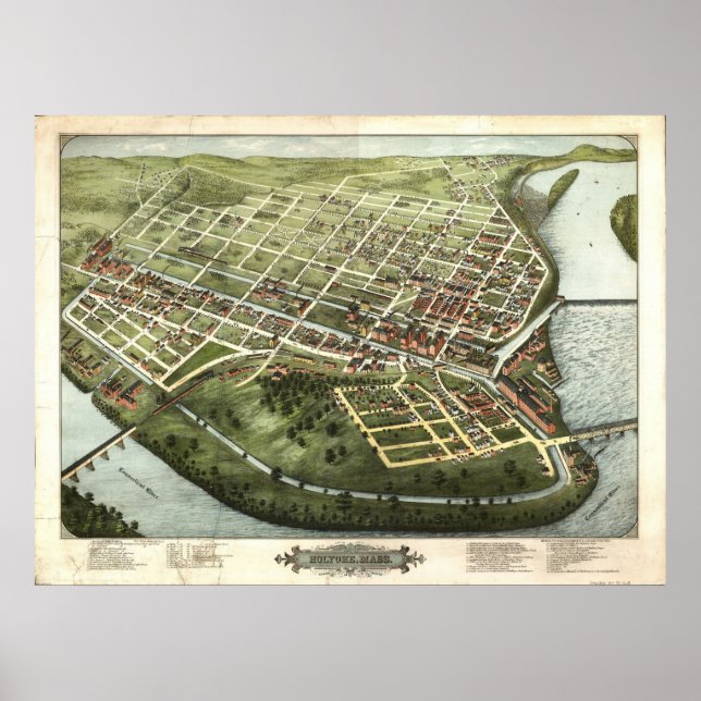Póster 1877 Holyoke, MA Birds Eye View Panoramic Map (Frente)