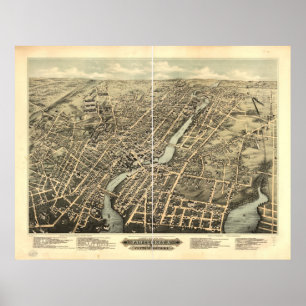 Póster 1877 Pawtucket, mapa panorámico de la opinión de