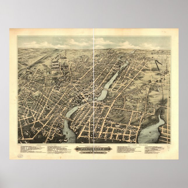 Póster 1877 Pawtucket, RI Birds Eye View Panoramic Map (Frente)