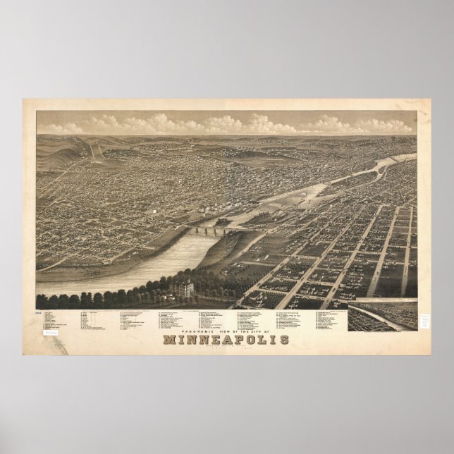 Póster 1879 Minneapolis, MN Birds Eye View Panoramic Map (Frente)