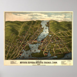 Póster 1879 Mystic River & Bridge CT Panoramic Map
