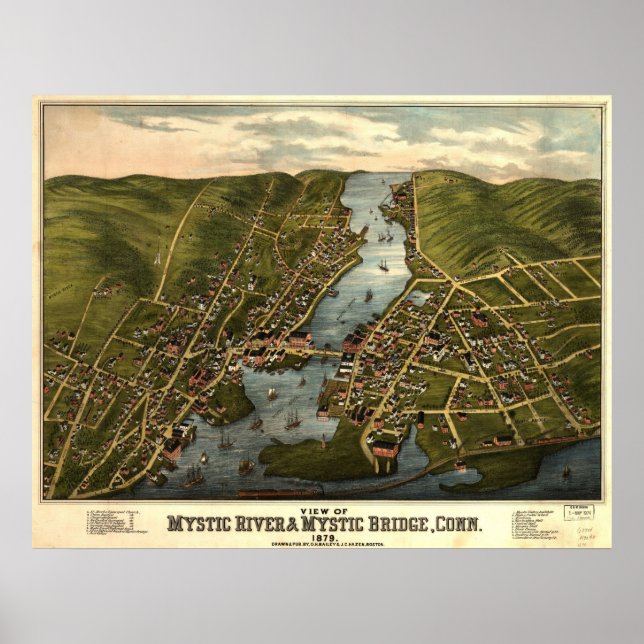 Póster 1879 Mystic River & Bridge CT Panoramic Map (Frente)
