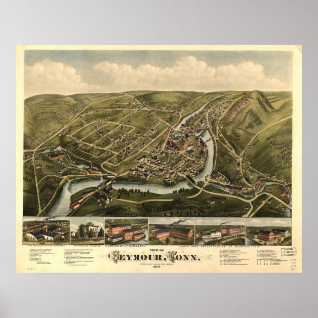Póster 1879 Seymour CT Birds Eye View Panoramic Map (Frente)