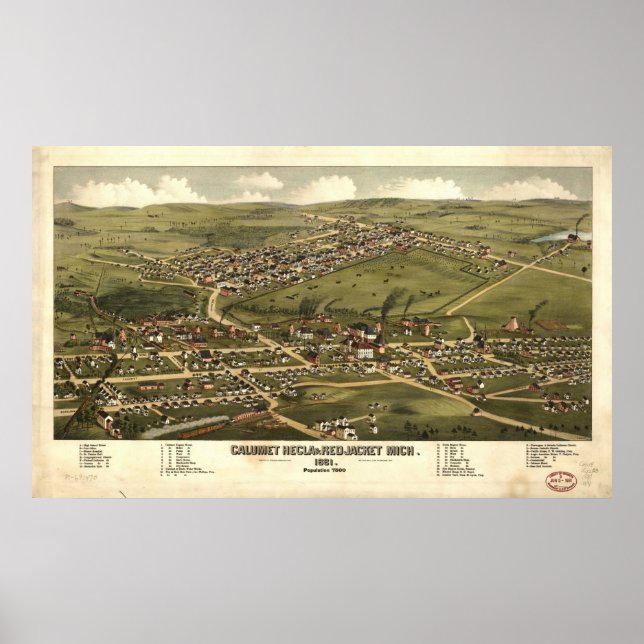 Póster 1881 Calumet Hecla & Red Jacket, Mapa Panorámico d (Frente)
