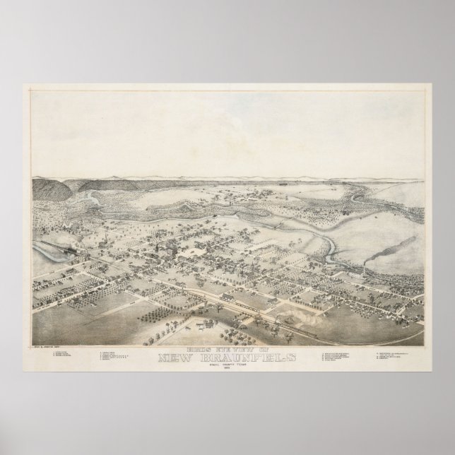 Póster 1881 Nuevo Braunfels TX Birds Eye View Panoramic M (Frente)