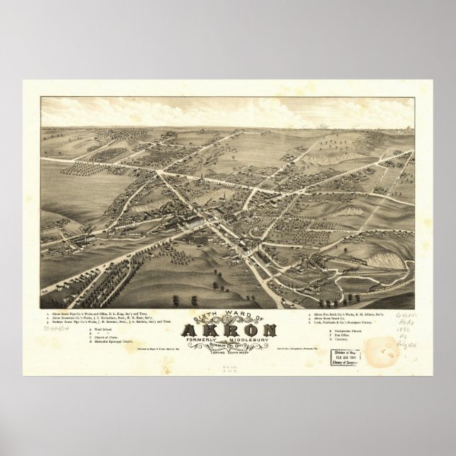 Póster 1882 Akron, OH Birds Eye View Panoramic Map (Frente)