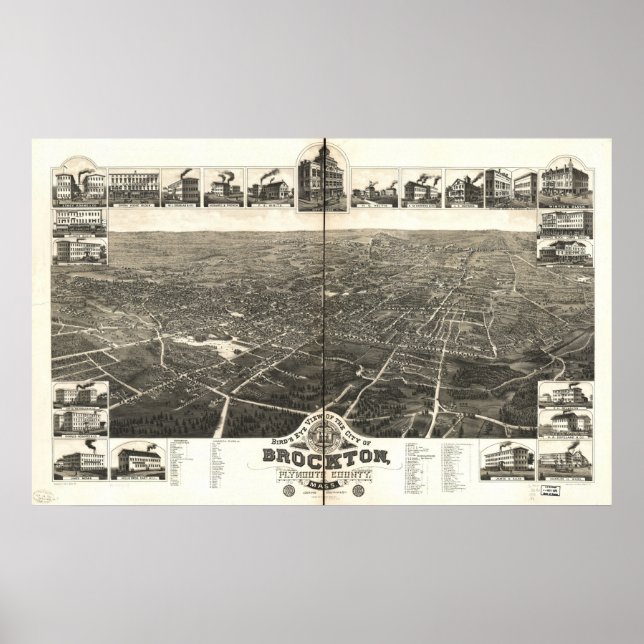 Póster 1882 Brockton, MAMÁES Birds Eye View Panoramic Map (Frente)