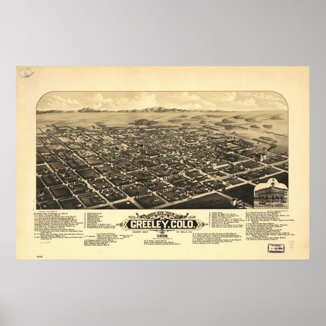 Póster 1882 Greeley, CO Birds View Panoramic Map (Frente)