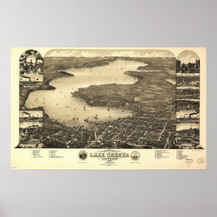 Póster 1882 Lake Geneva, WI Birds Eye View Panoramic Map