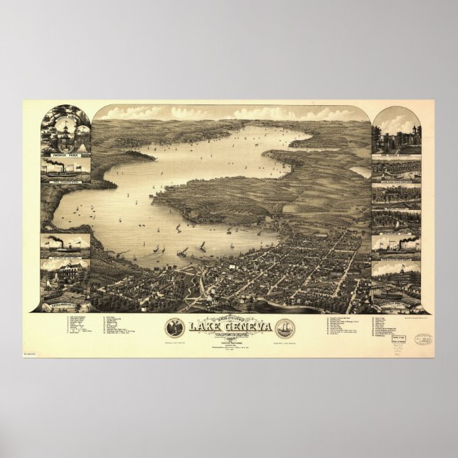 Póster 1882 Lake Geneva, WI Birds Eye View Panoramic Map (Frente)