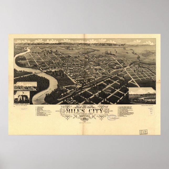 Póster 1883 Miles City, MT Birds Eye View Panoramic Map (Frente)