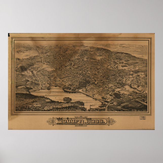 Póster 1883 Woburn, MAMÁES Birds Eye View Panoramic Map (Frente)