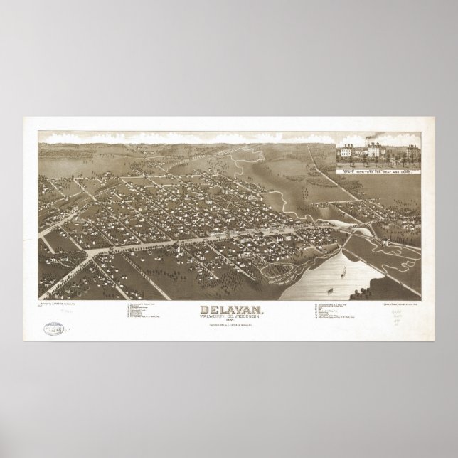 Póster 1884 Delavan, WI Birds Eye Panoramic Map (Frente)