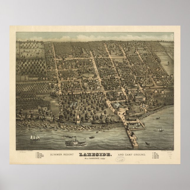 Póster 1884 Lakeside, OH Birds View Panoramic Map (Frente)