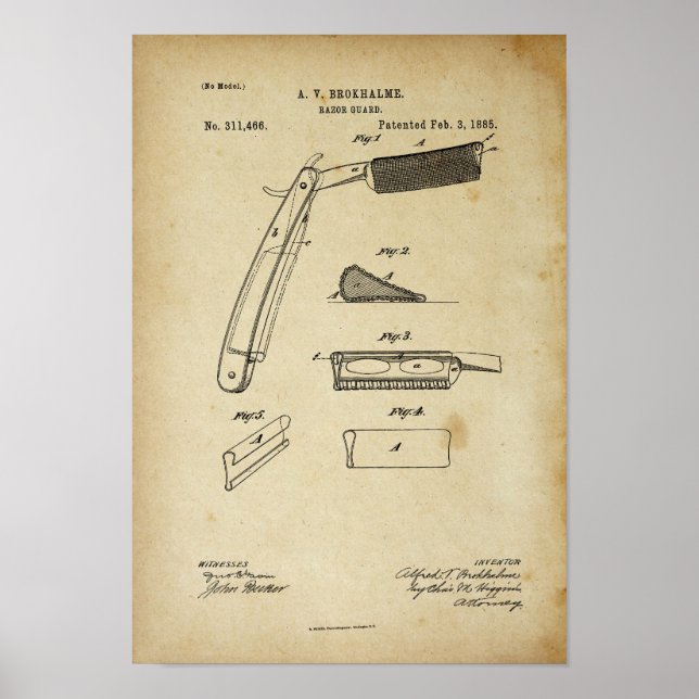 Póster 1885 Barber Razor Old Look Patent Artwork (Frente)