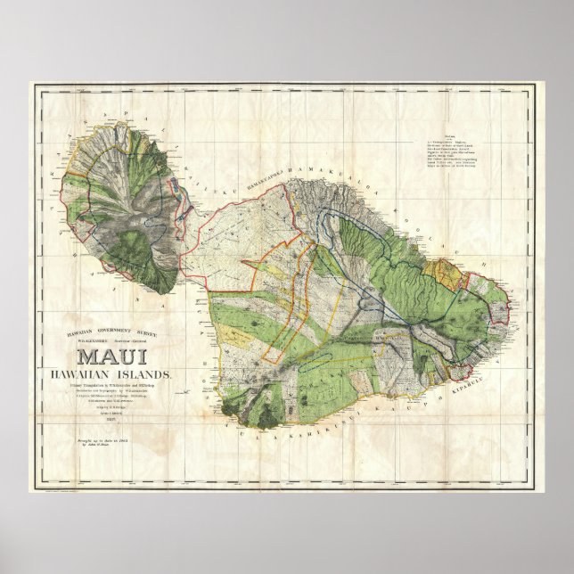 Póster 1885 Mapa del Muro de De Witt Alexander de Maui, H (Frente)