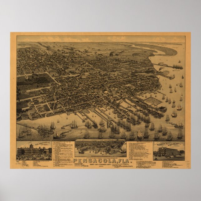 Póster 1885 Pensacola, FL Birds Eye View Panoramic Map (Frente)