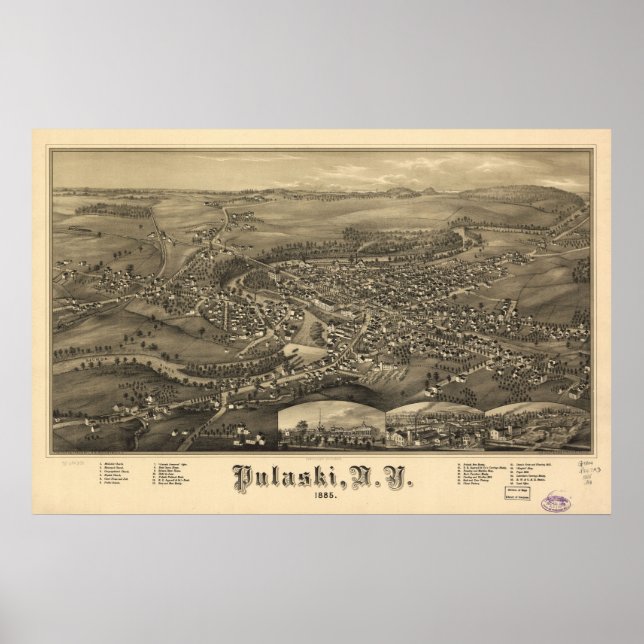 Póster 1885 Pulaski, NY Birds View Panoramic Map (Frente)