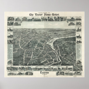 Póster 1886 Exeter, NH Birds View Panoramic Map