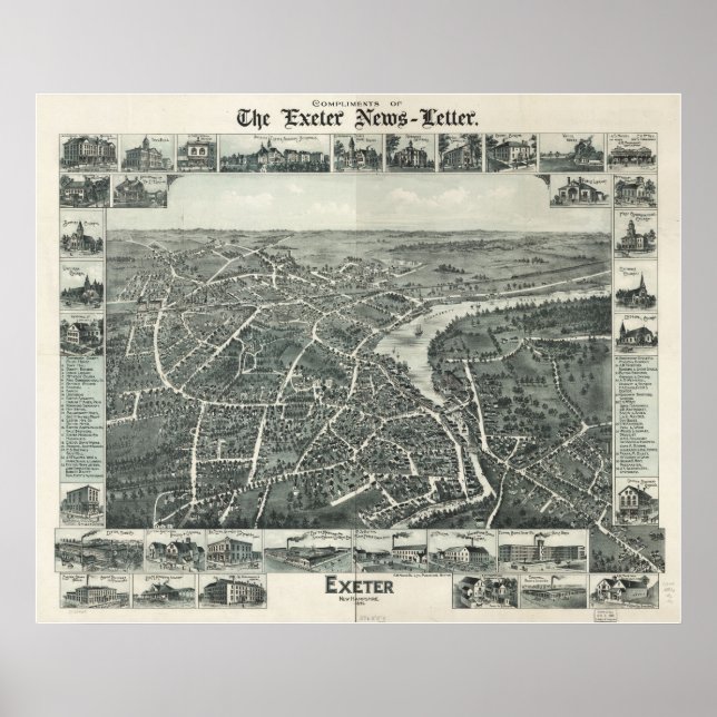 Póster 1886 Exeter, NH Birds View Panoramic Map (Frente)