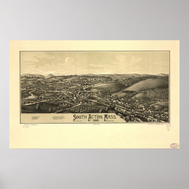 Póster 1886 South Acton, MAMÁES Birds Eye View Panoramic  (Frente)