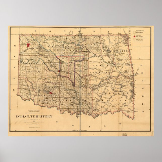 Póster 1887 Mapa del Territorio Indio Territorio de Oklah (Frente)