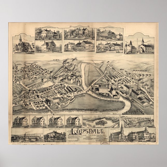 Póster 1888 Lonsdale, Lincoln, RI Birds Eye Panoramic Map (Frente)