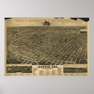 Póster 1889 Lincoln, mapa panorámico de la opinión de ojo
