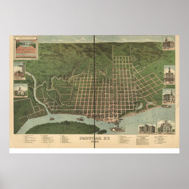 Póster 1889 Mapa Panorámico de Paducah, KY Birds View (Frente)