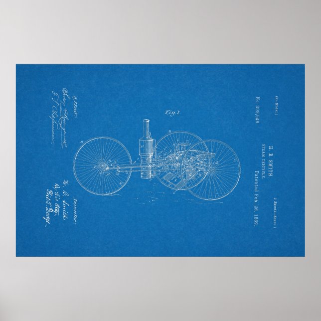 Póster 1889 Vintage Steam Tricycle Patent Blueprint Art (Frente)