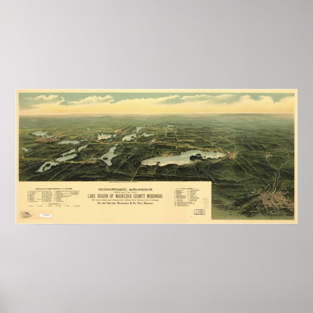 Póster 1890 Oconomowoc, WI Birds Eye View Panoramic Map (Frente)