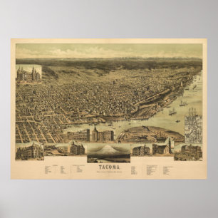Póster 1890 Tacoma, mapa panorámico de la opinión de ojo