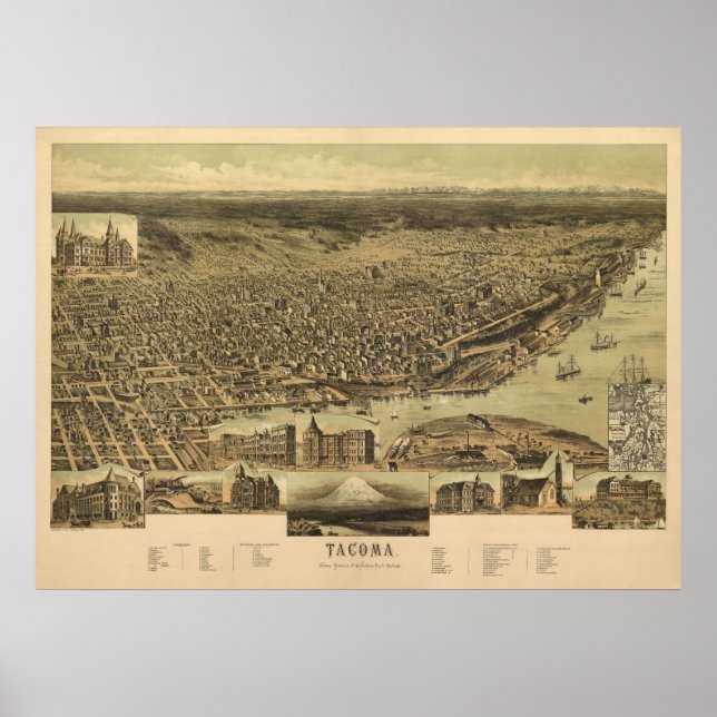 Póster 1890 Tacoma, WA Birds Eye View Panoramic Map (Frente)