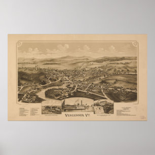 Póster 1890 Vergennes, VT Bird's Eye Panoramic Map