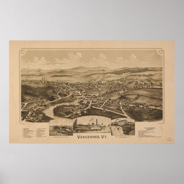 Póster 1890 Vergennes, VT Bird's Eye Panoramic Map (Frente)