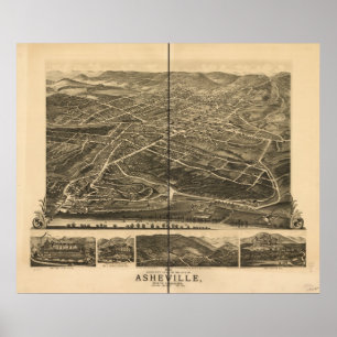 Póster 1891 Asheville, NC Birds Eye View Panoramic Map