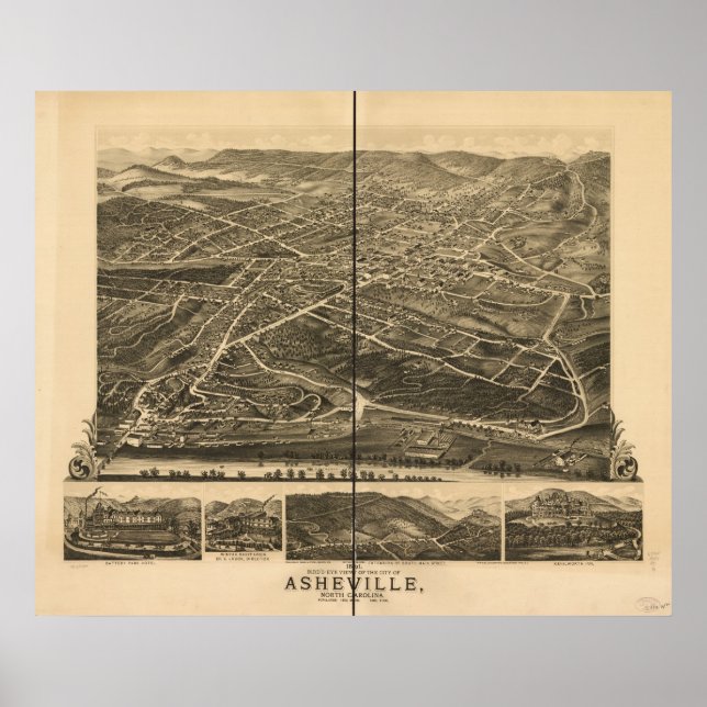 Póster 1891 Asheville, NC Birds Eye View Panoramic Map (Frente)
