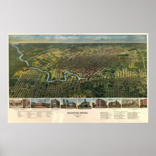 Póster 1891 Houston, mapa panorámico de la opinión del