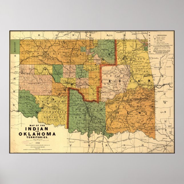 Póster 1892 Map of Indian and Oklahoma Territories (Frente)