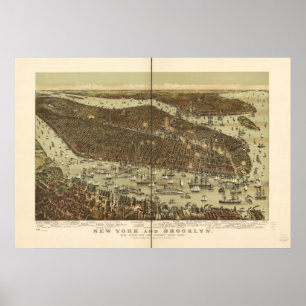 Póster 1892 New York & Brooklyn Birds Eye Panoramic Map