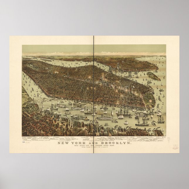 Póster 1892 New York & Brooklyn Birds Eye Panoramic Map (Frente)