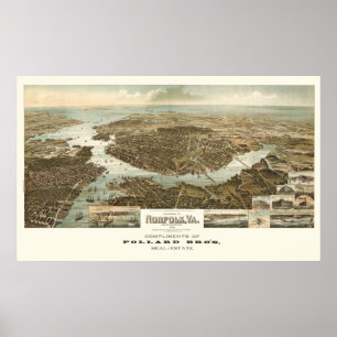 Póster 1892 Norfolk, VA Mapa Panorámico de Vista de Ojos 