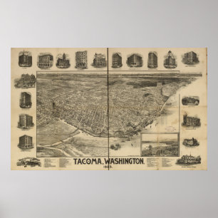 Póster 1893 Tacoma, mapa panorámico de la opinión de ojo