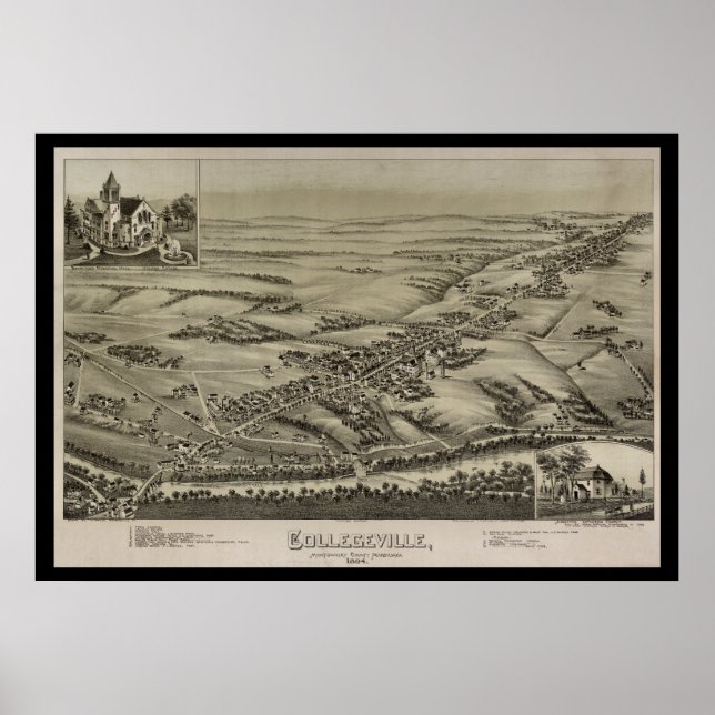 Póster 1894 Mapa aéreo Collegeville PA Pennsylvania Poste (Frente)