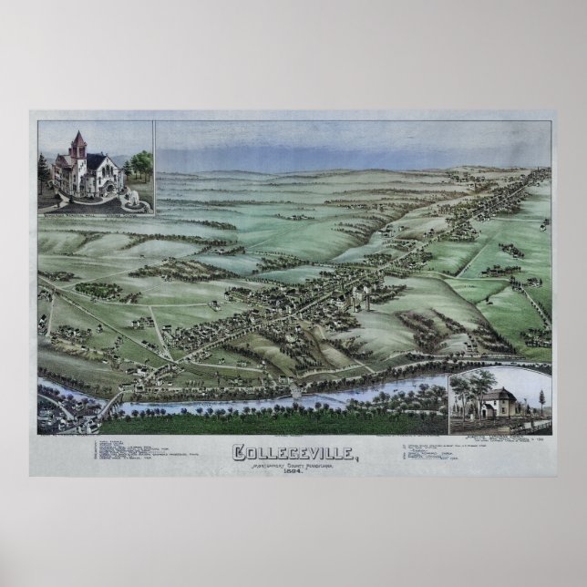 Póster 1894 Mapa aéreo Collegeville PA Pennsylvania Poste (Frente)